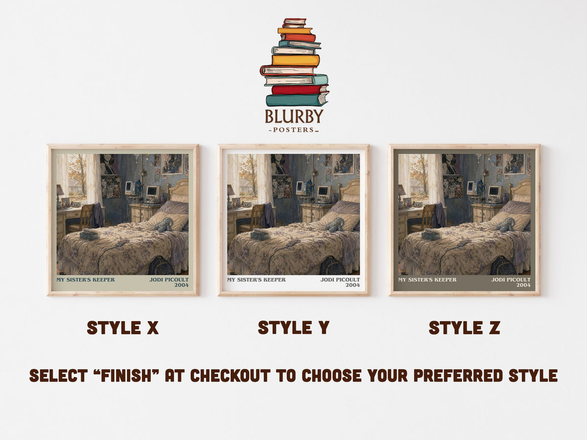 My Sister's Keeper literary print in frame leaning in hallway – contemporary fiction wall art (mockup)