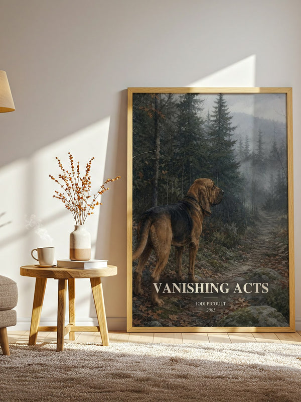 Vanishing Acts watercolour print in frame leaning in hallway – contemporary fiction wall art