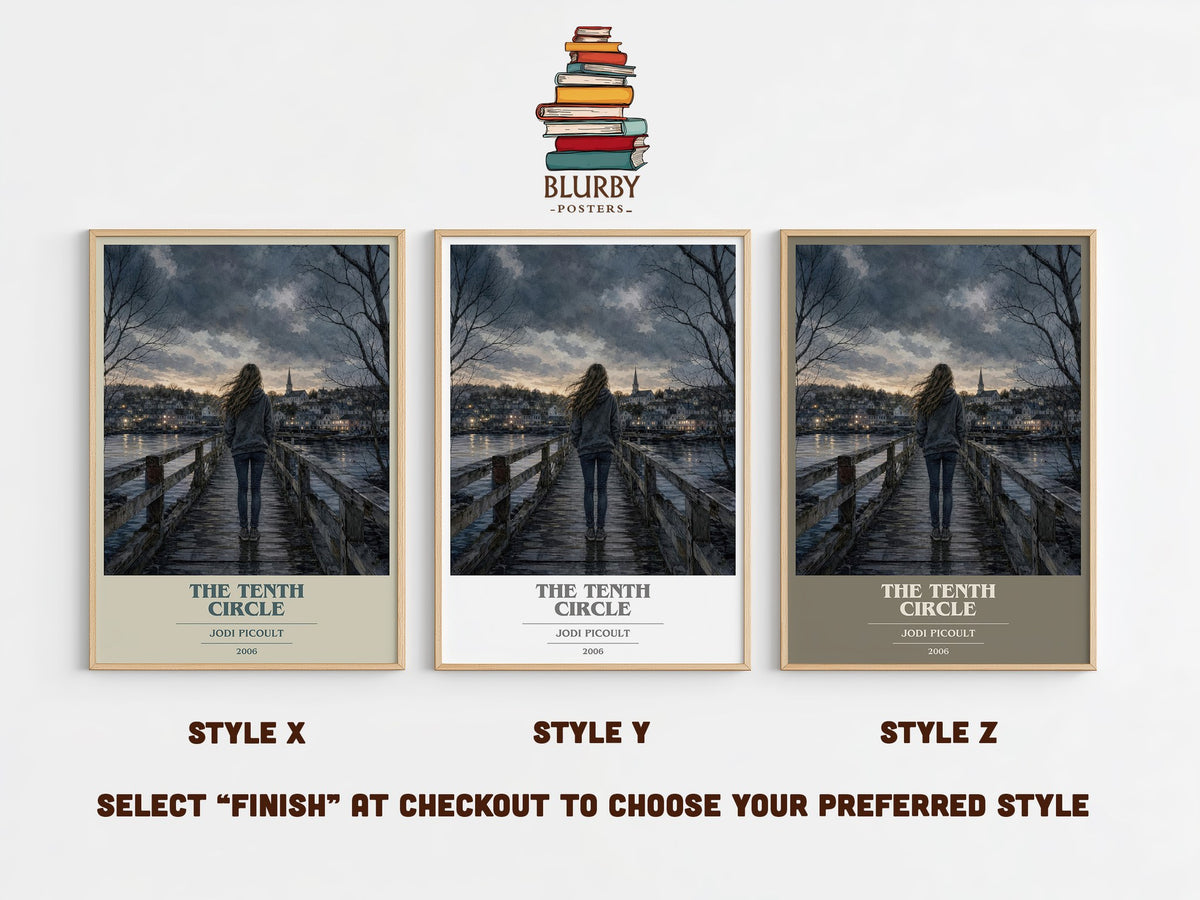 The Tenth Circle book cover print in frame leaning in hallway – contemporary fiction wall art (mockup)
