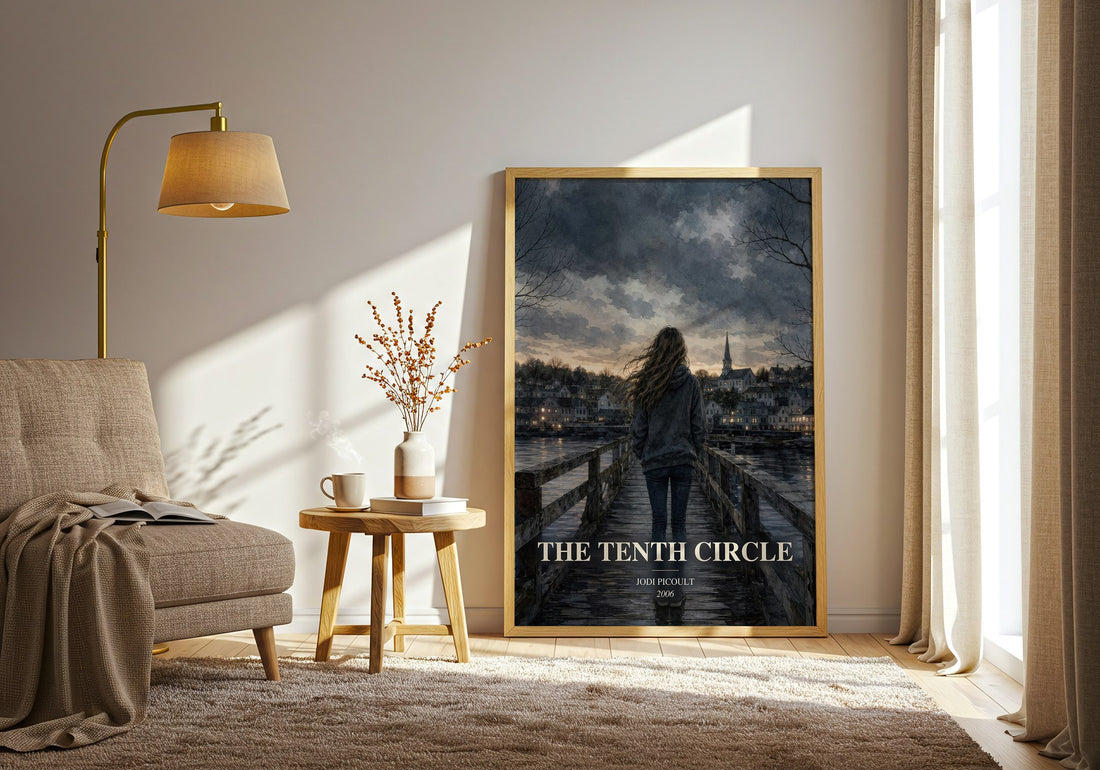 The Tenth Circle watercolour print in frame leaning in hallway – contemporary fiction wall art (mockup)