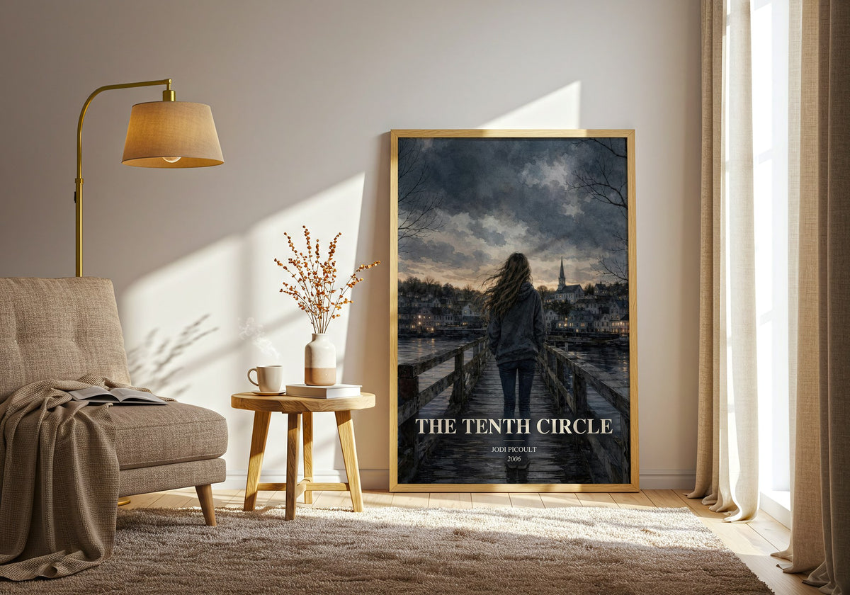 The Tenth Circle watercolour print in frame leaning in hallway – contemporary fiction wall art (mockup)