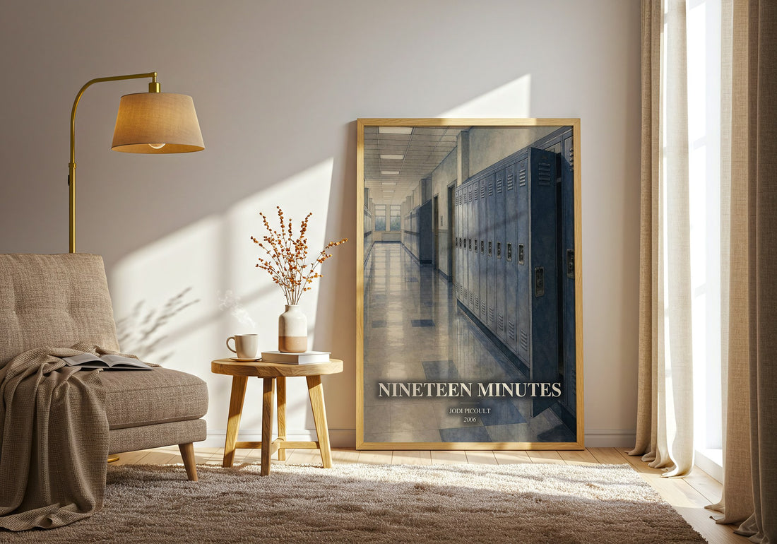 Nineteen Minutes watercolour print in frame leaning in hallway – contemporary fiction wall art (mockup)
