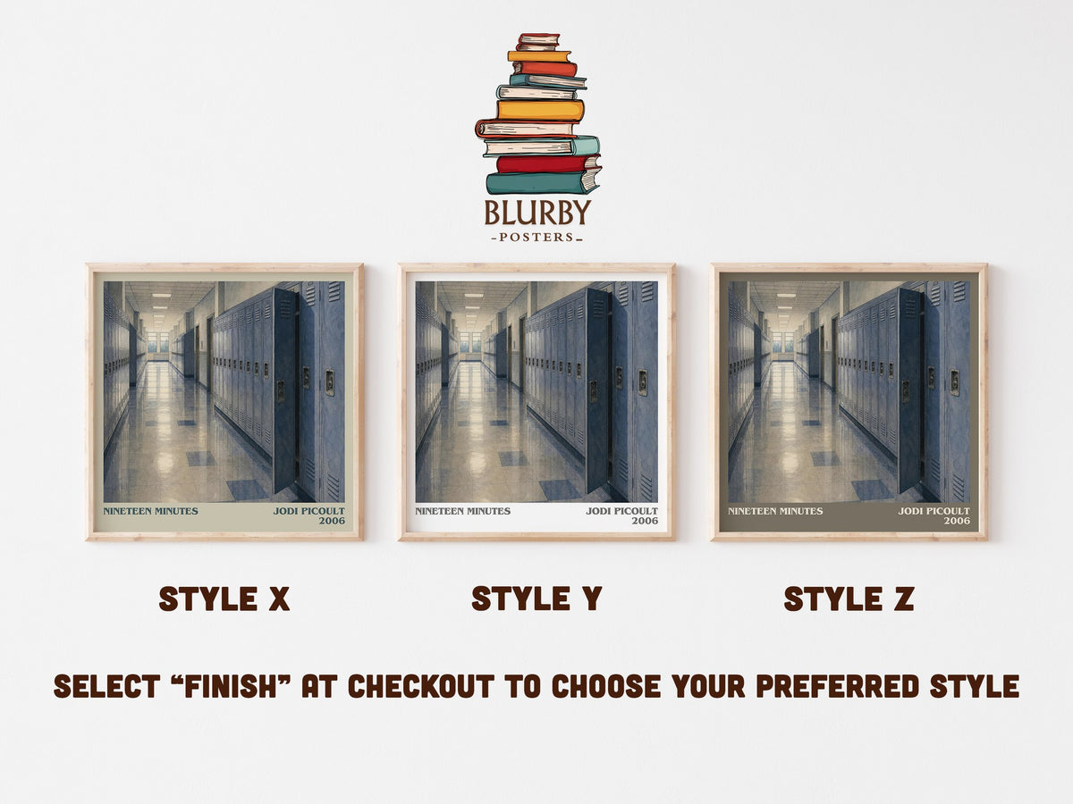 Nineteen Minutes literary print in frame leaning in hallway – contemporary fiction wall art (mockup)