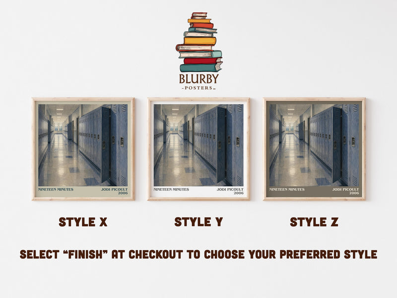 Nineteen Minutes literary print in frame leaning in hallway – contemporary fiction wall art