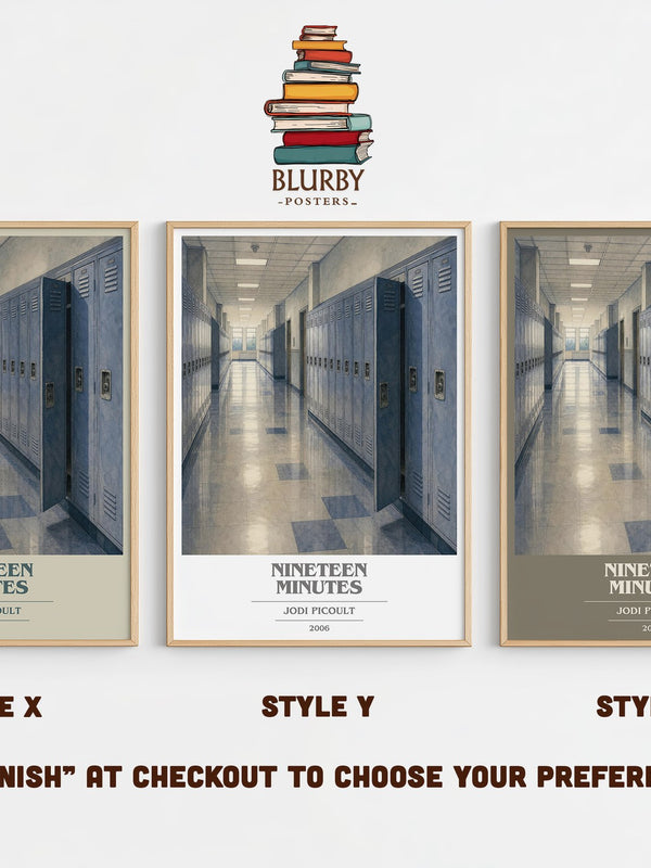 Nineteen Minutes book cover print in frame leaning in hallway – contemporary fiction wall art