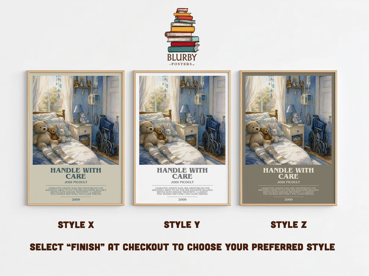 Handle with Care bookish print in frame leaning in hallway – contemporary fiction wall art (mockup)
