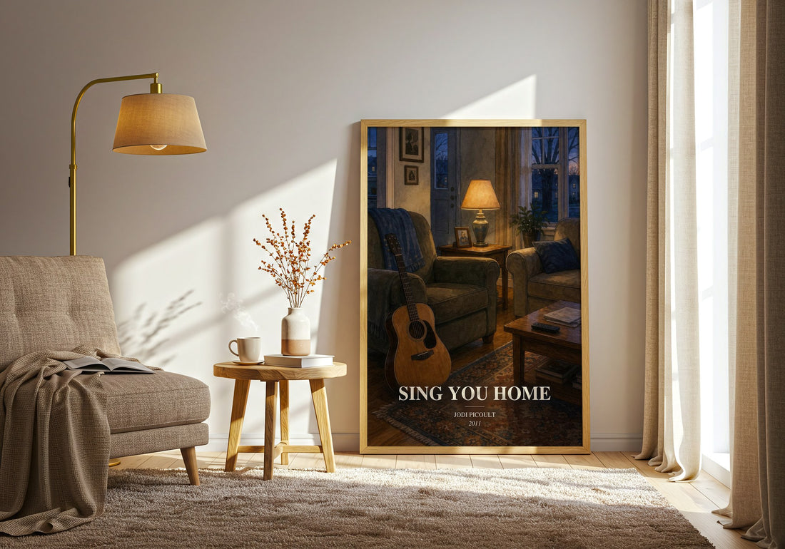 Sing You Home watercolour print in frame leaning in hallway – contemporary fiction wall art (mockup)