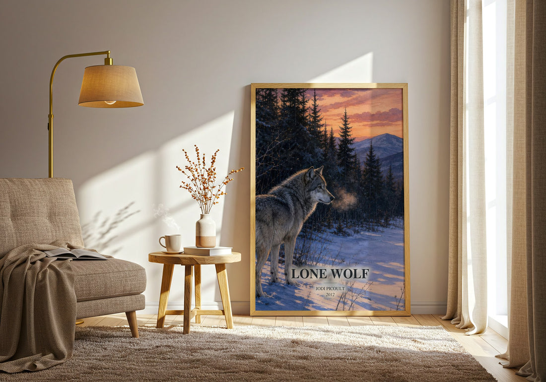 Lone Wolf watercolour print in frame leaning in hallway – contemporary fiction wall art (mockup)
