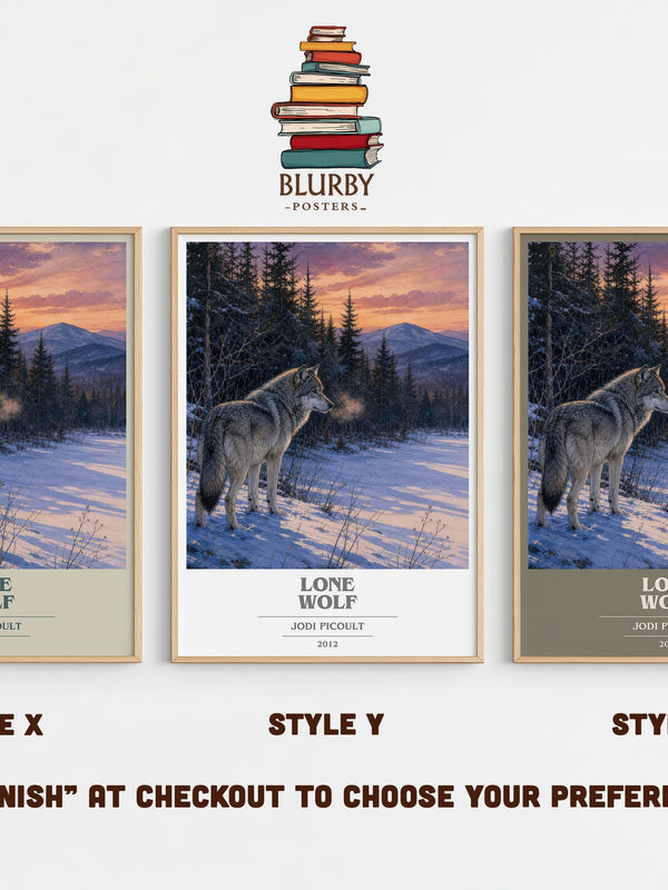 Lone Wolf book cover print in frame leaning in hallway – contemporary fiction wall art