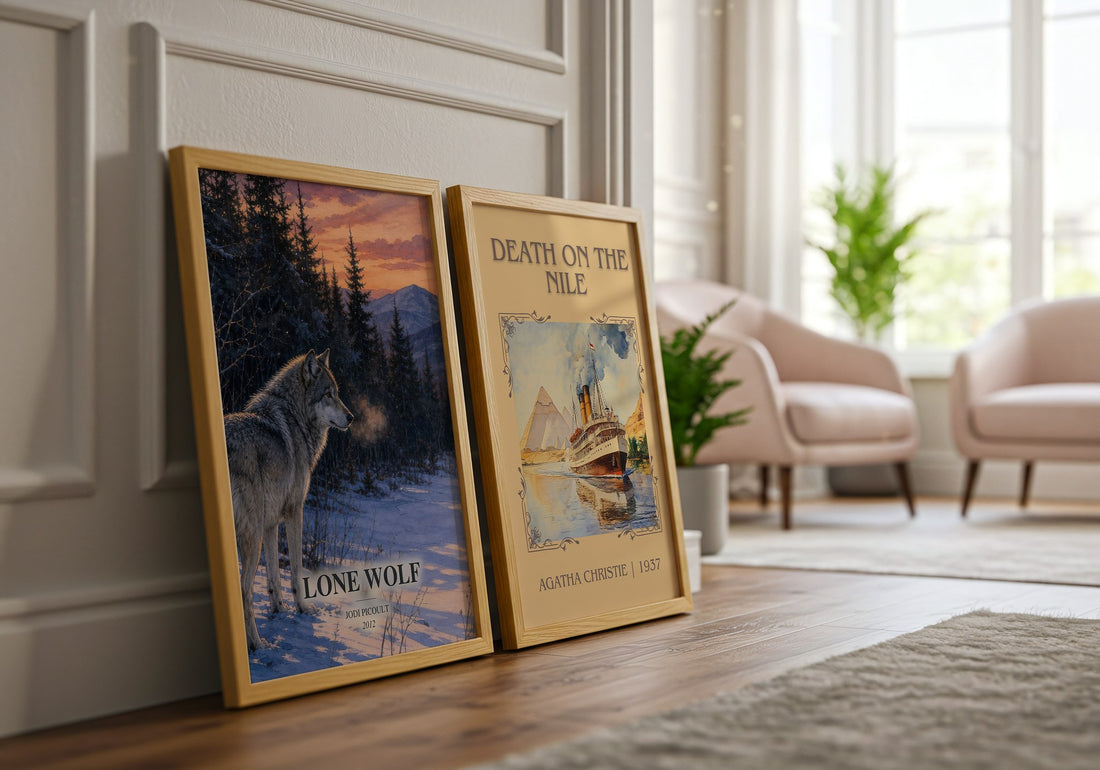 Lone Wolf watercolour print framed by window – literary home decor