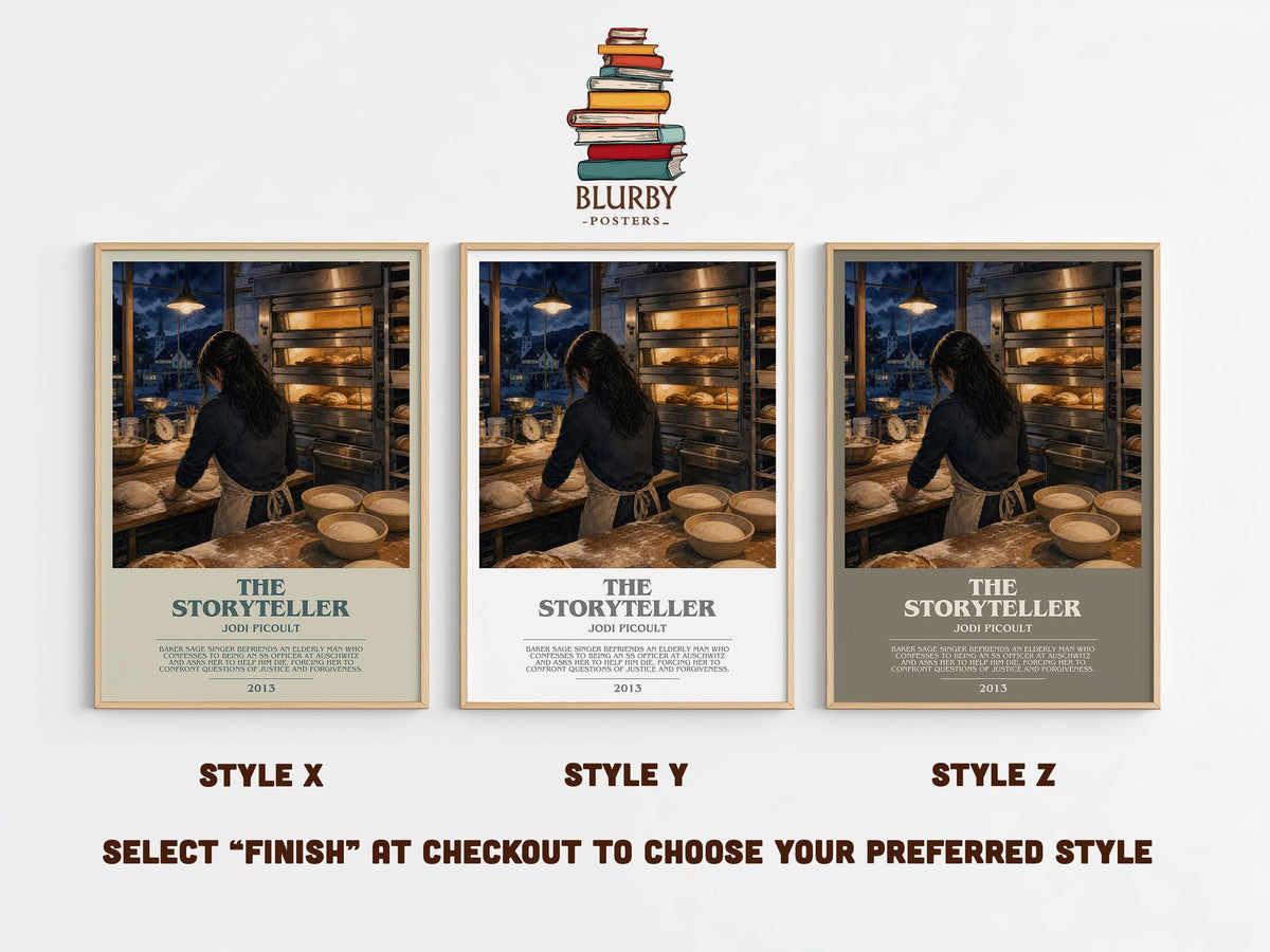 The Storyteller bookish print in frame leaning in hallway – historical fiction wall art (mockup)