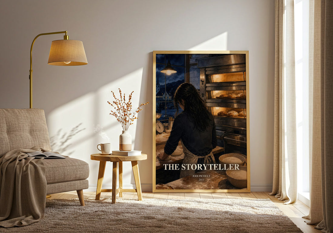The Storyteller watercolour print in frame leaning in hallway – historical fiction wall art (mockup)