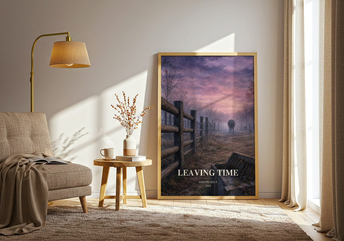 Leaving Time watercolour print in frame leaning in hallway – mystery wall art (mockup)