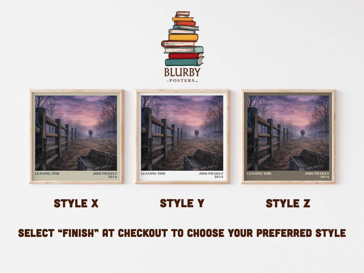 Leaving Time literary print in frame leaning in hallway – mystery wall art (mockup)