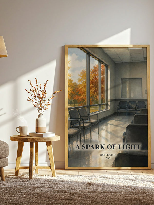 A Spark of Light watercolour print in frame leaning in hallway – contemporary fiction wall art