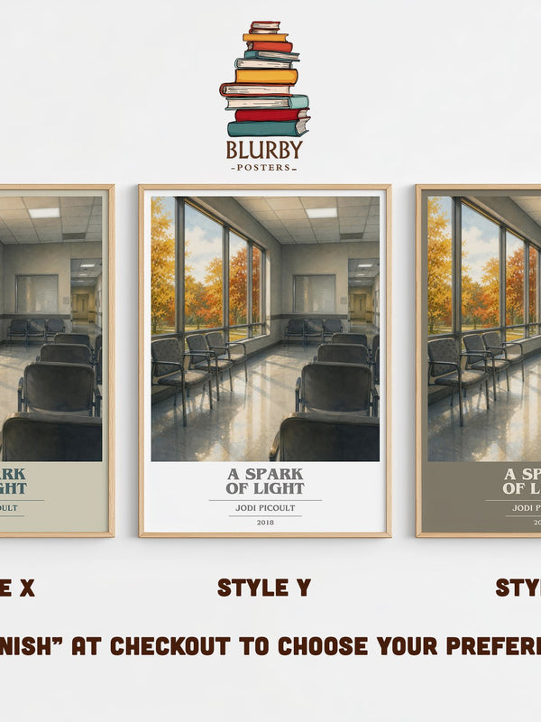 A Spark of Light book cover print in frame leaning in hallway – contemporary fiction wall art