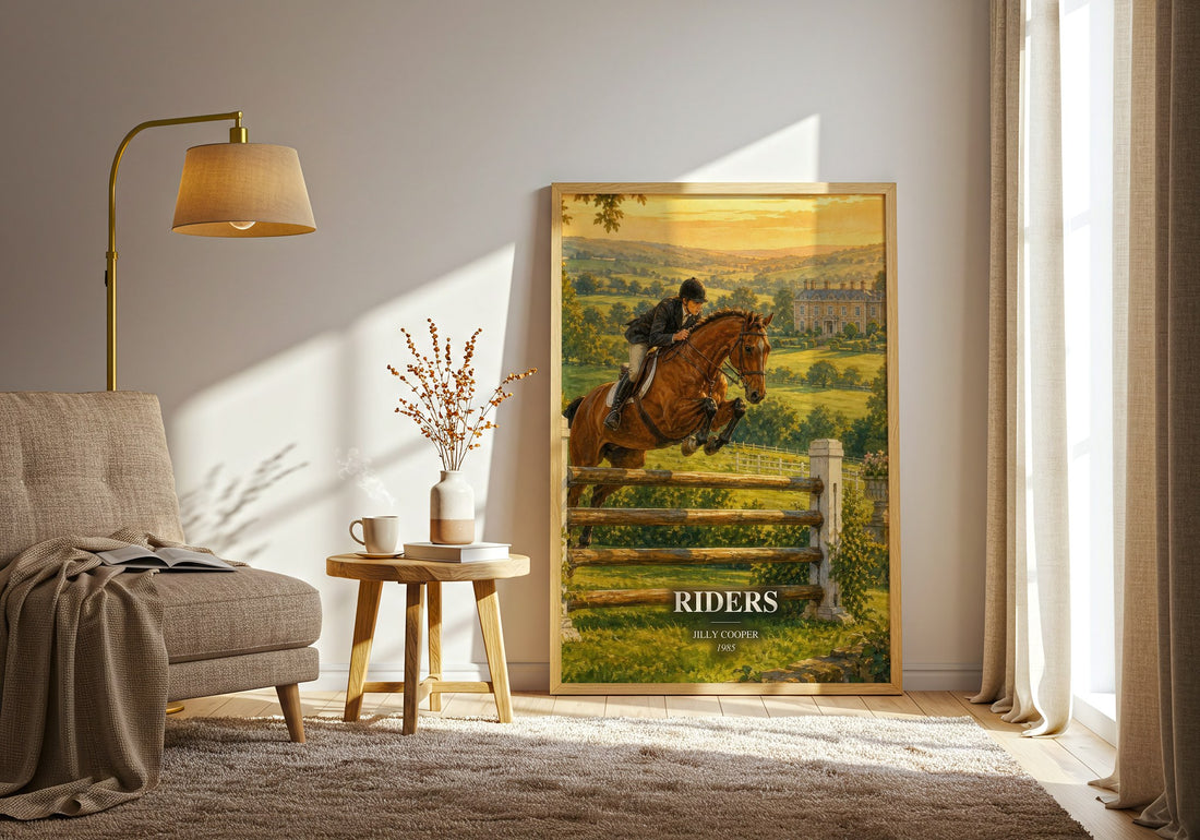 Riders watercolour print in frame leaning in hallway – romance wall art (mockup)