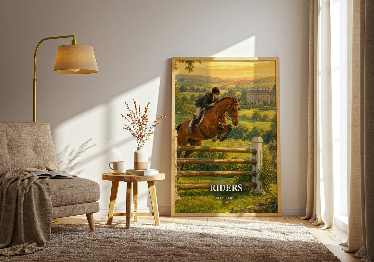 Riders watercolour print in frame leaning in hallway – romance wall art (mockup)