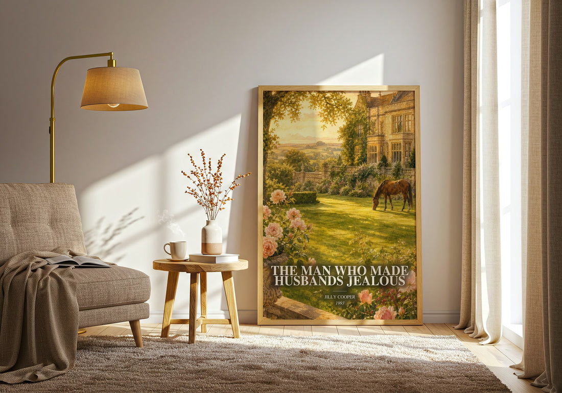 The Man Who Made Husbands Jealous watercolour print in frame leaning in hallway – romance wall art (mockup)