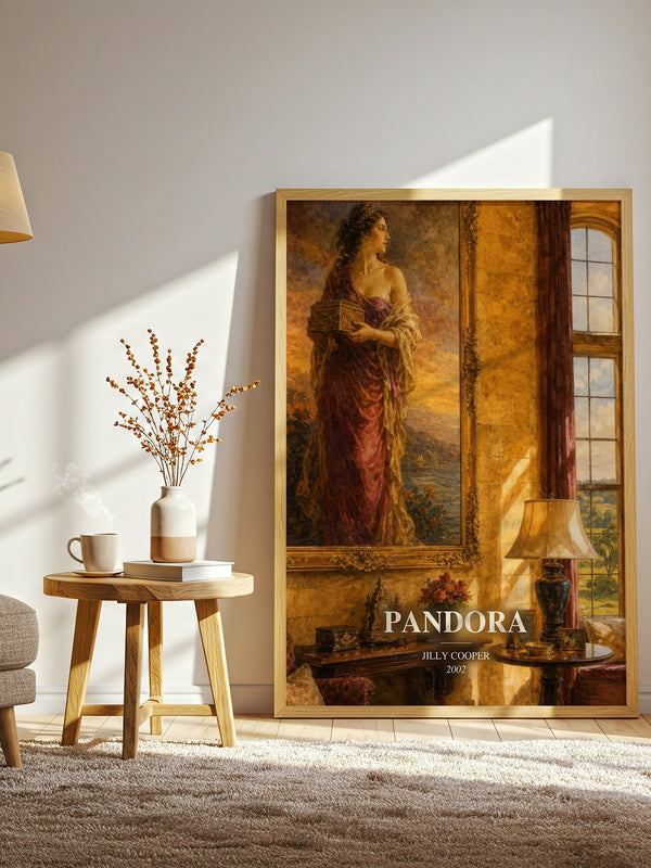 Pandora watercolour print in frame leaning in hallway – contemporary fiction wall art