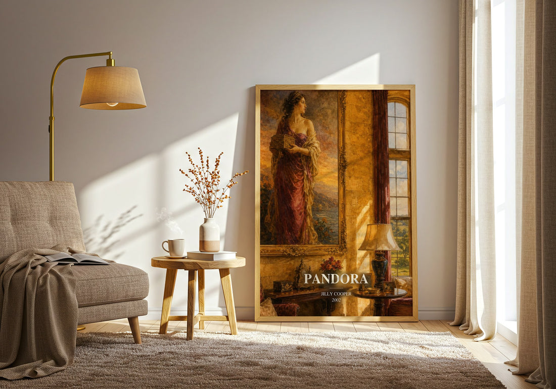 Pandora watercolour print in frame leaning in hallway – contemporary fiction wall art (mockup)