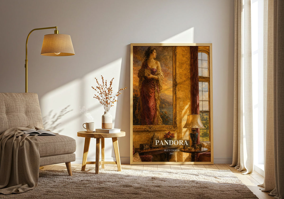 Pandora watercolour print in frame leaning in hallway – contemporary fiction wall art (mockup)