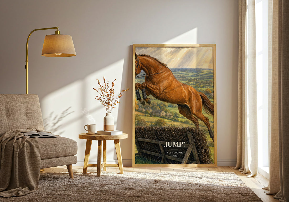 Jump! watercolour print in frame leaning in hallway – romance wall art (mockup)