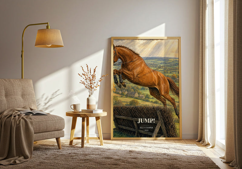 Jump! watercolour print in frame leaning in hallway – romance wall art