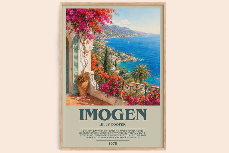 Imogen bookish book poster by Jilly Cooper – framed literary art print