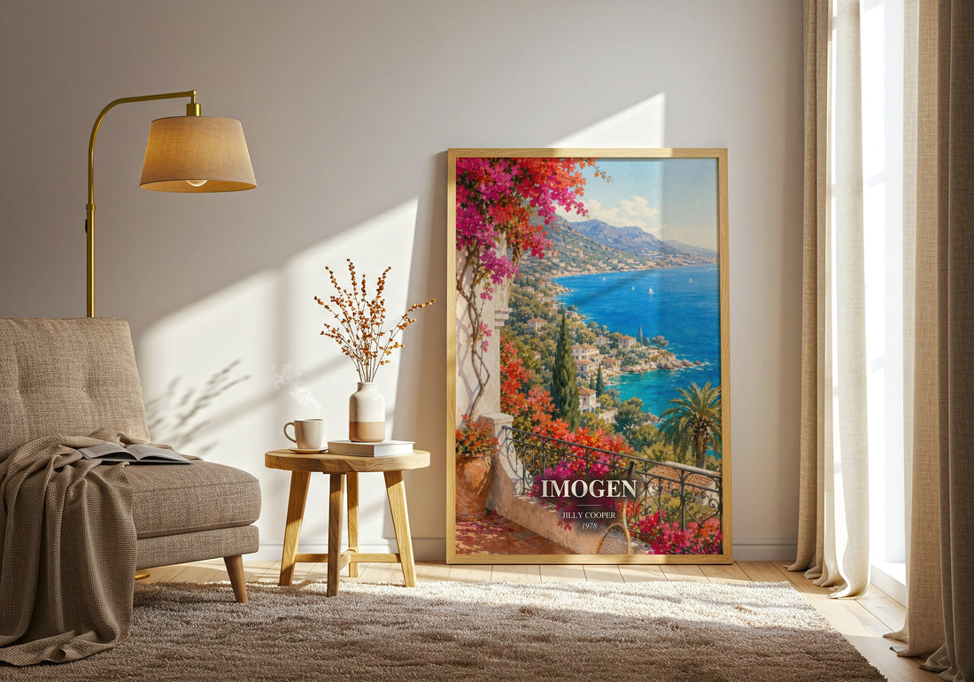 Imogen watercolour print in frame leaning in hallway – romance wall art (mockup)
