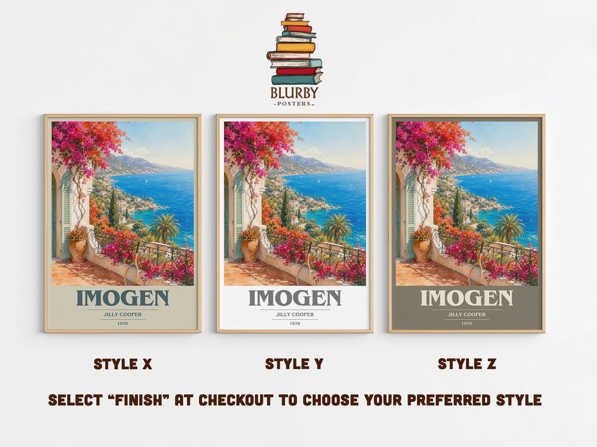 Imogen book cover print in frame leaning in hallway – romance wall art (mockup)