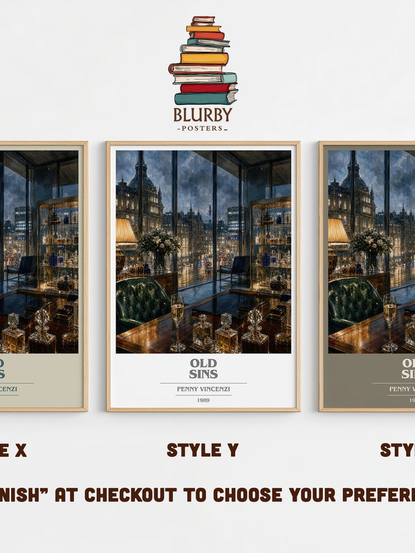 Old Sins book cover print in frame leaning in hallway – contemporary fiction wall art