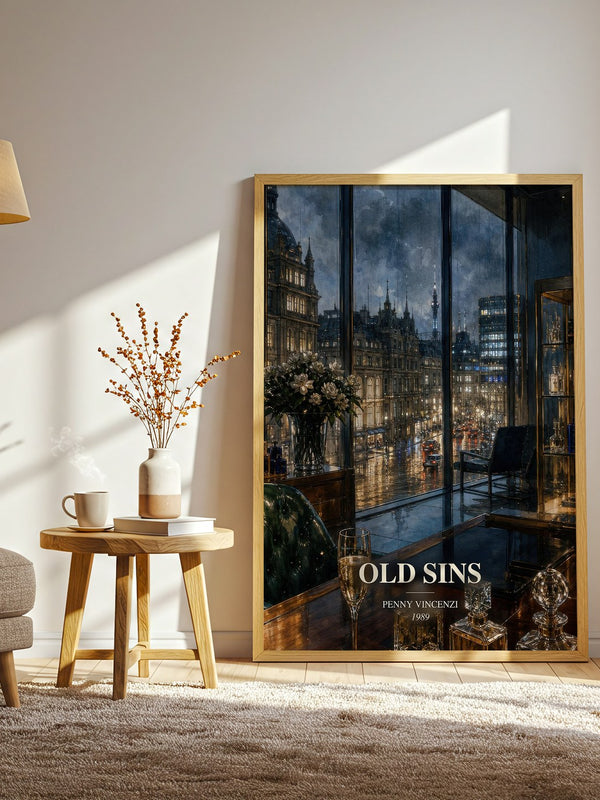 Old Sins watercolour print in frame leaning in hallway – contemporary fiction wall art