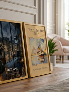 Old Sins watercolour print framed by window – literary home decor