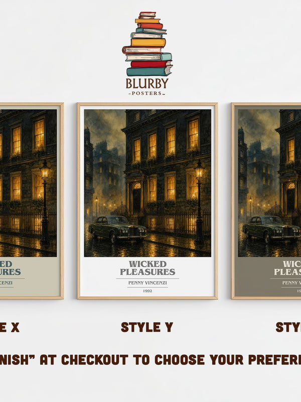Wicked Pleasures book cover print in frame leaning in hallway – contemporary fiction wall art