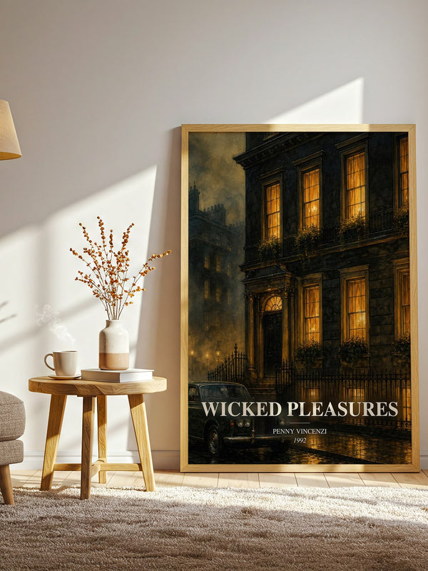 Wicked Pleasures watercolour print in frame leaning in hallway – contemporary fiction wall art