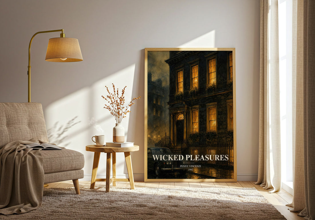 Wicked Pleasures watercolour print in frame leaning in hallway – contemporary fiction wall art (mockup)