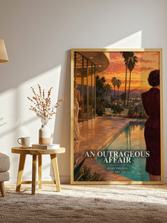 An Outrageous Affair watercolour print in frame leaning in hallway – contemporary fiction wall art