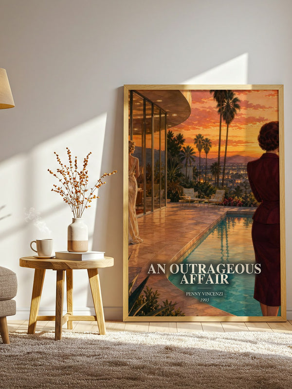 An Outrageous Affair watercolour print in frame leaning in hallway – contemporary fiction wall art