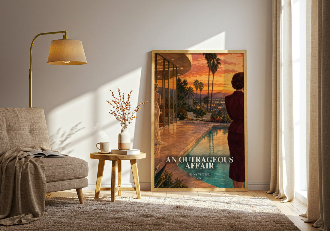 An Outrageous Affair watercolour print in frame leaning in hallway – contemporary fiction wall art (mockup)