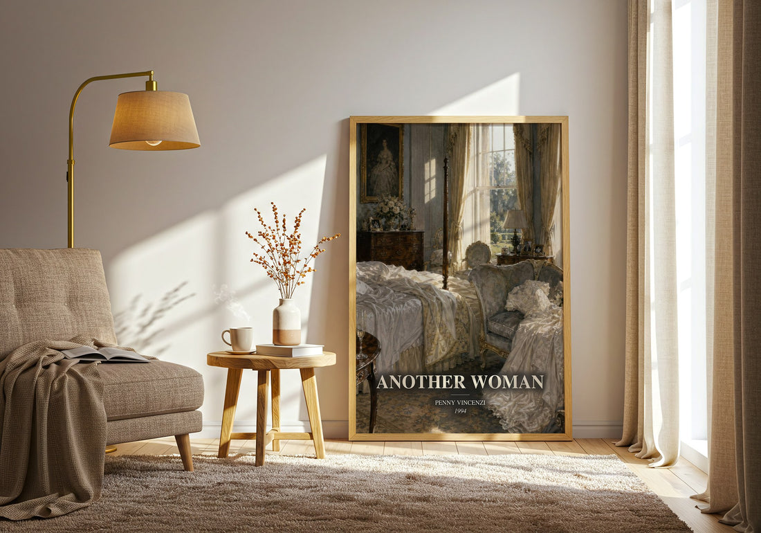 Another Woman watercolour print in frame leaning in hallway – contemporary fiction wall art (mockup)