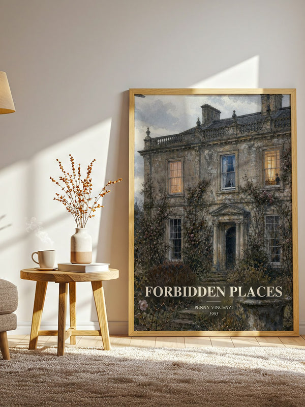 Forbidden Places watercolour print in frame leaning in hallway – contemporary fiction wall art