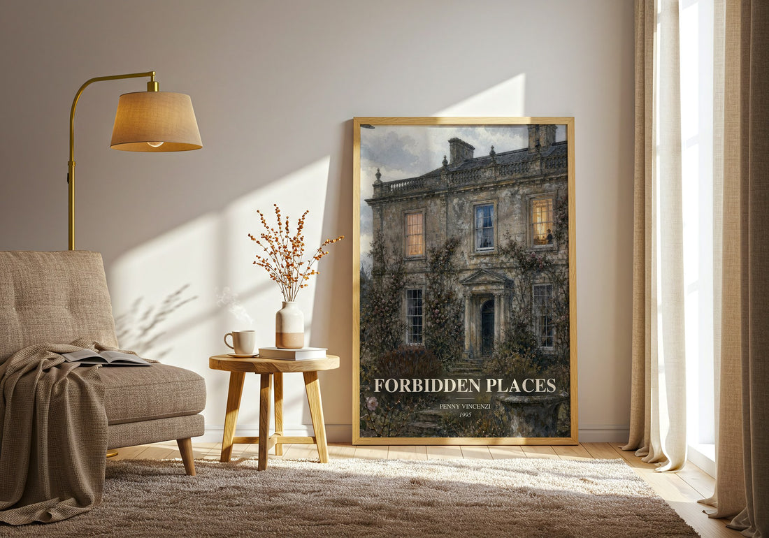Forbidden Places watercolour print in frame leaning in hallway – contemporary fiction wall art (mockup)