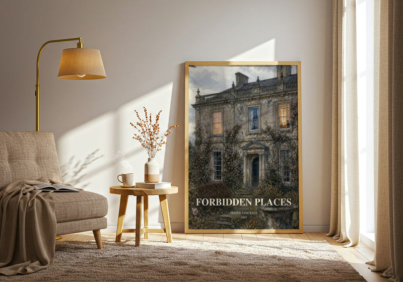 Forbidden Places watercolour print in frame leaning in hallway – contemporary fiction wall art