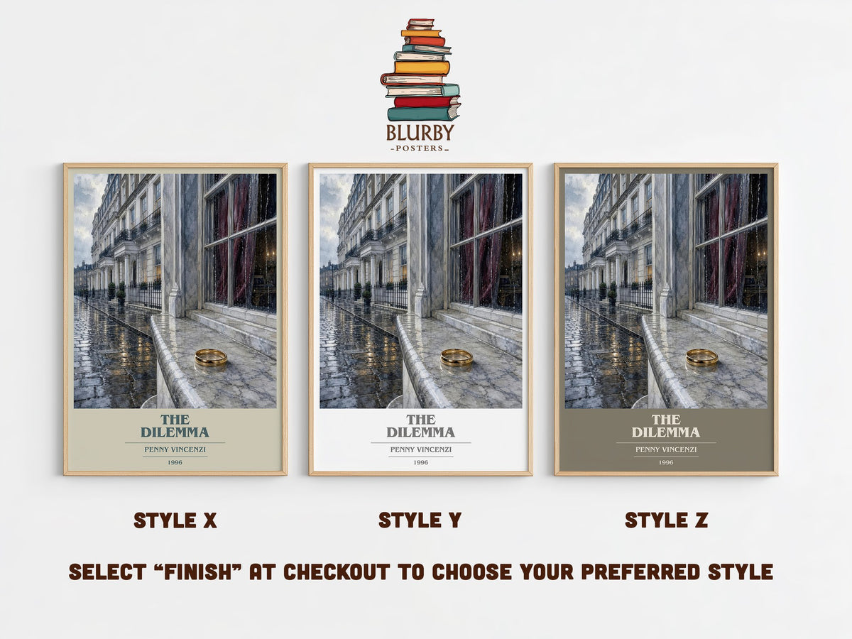 The Dilemma book cover print in frame leaning in hallway – contemporary fiction wall art (mockup)
