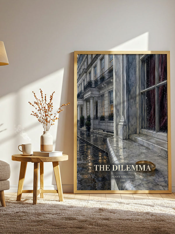 The Dilemma watercolour print in frame leaning in hallway – contemporary fiction wall art