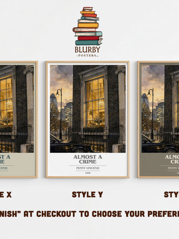 Almost a Crime book cover print in frame leaning in hallway – contemporary fiction wall art