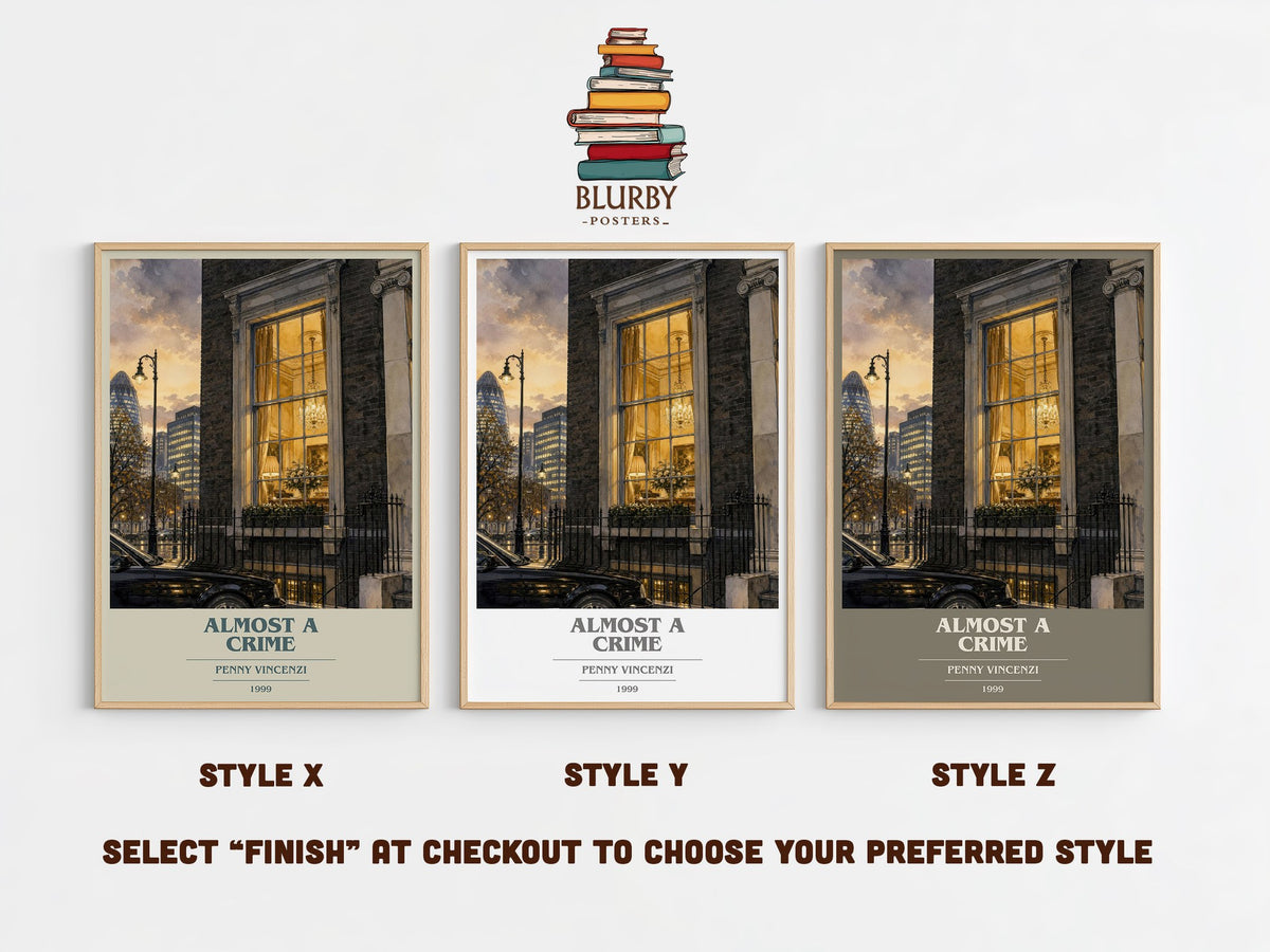 Almost a Crime book cover print in frame leaning in hallway – contemporary fiction wall art (mockup)