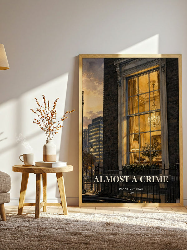 Almost a Crime watercolour print in frame leaning in hallway – contemporary fiction wall art