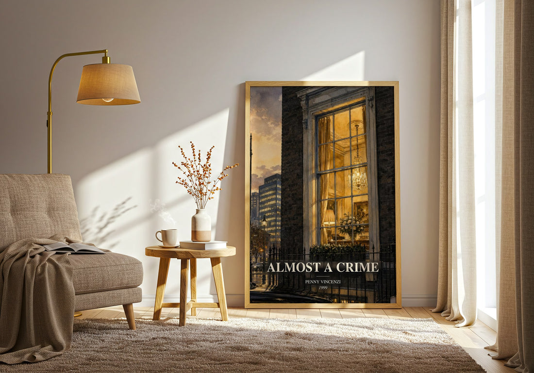 Almost a Crime watercolour print in frame leaning in hallway – contemporary fiction wall art (mockup)